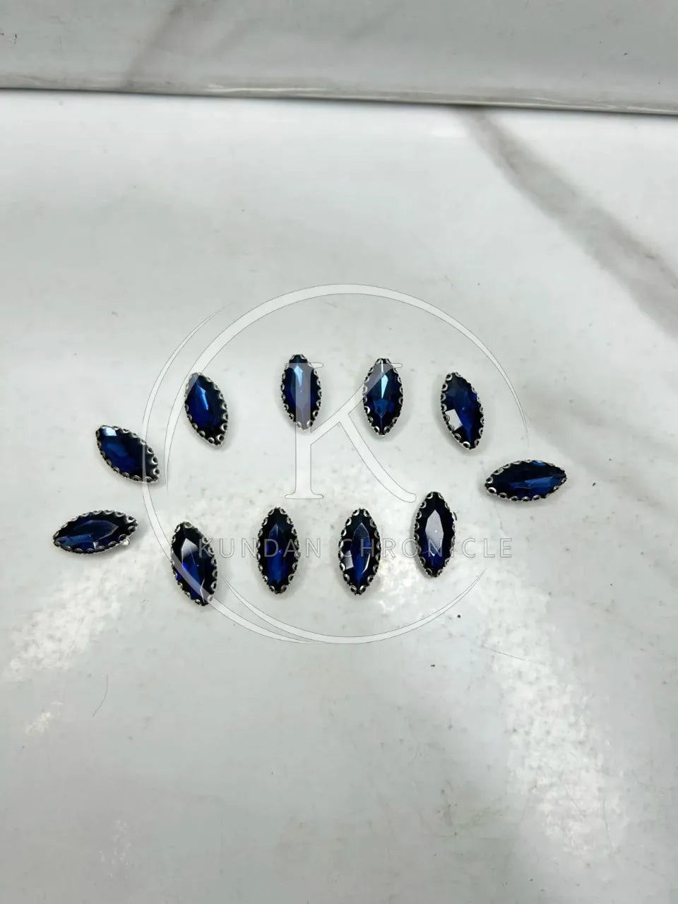 Blue-Silver Base Boat Shape Glass Stone (Regular)-12Pcs
